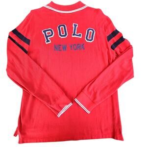VTG RALPH LAUREN MENS SHIRT POLO LARGE P PATCH LETTERMAN VARSITY NEW YORK RED LG